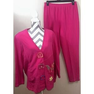 Nancy Bolen City Girl Pink Artsy Boho Vtg USA 100% Cotton Pant Suit Set Sz XL